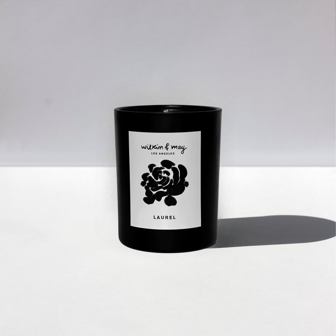 Wilkin & May Laurel candle, black glass, floral design